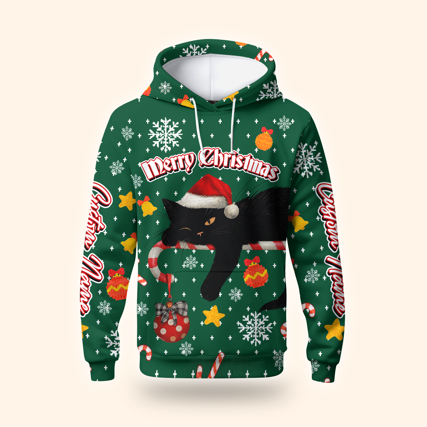 Black Cat Christmas Hoodie – Custom Name Santa Cat Zip Up