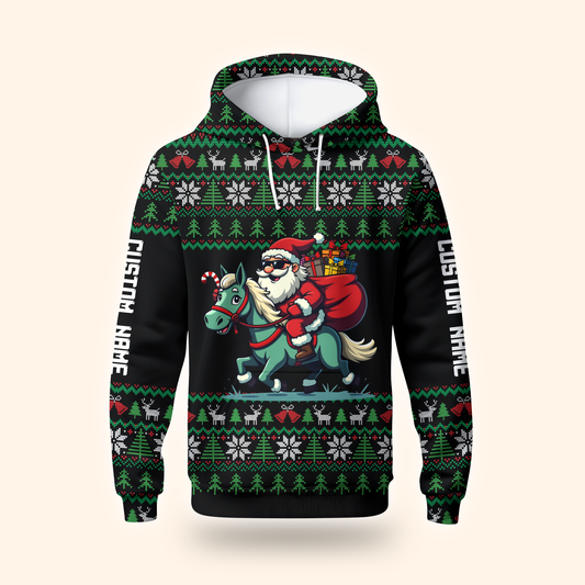 Funny Santa Riding Horse Hoodie – Custom Name Christmas Zip Up, Ugly Sweater Style, Holiday Hoodie for Horse Lovers