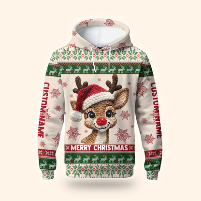 Reindeer Merry Christmas Hoodie – Cute Knitted Pattern Zip Up Holiday Sweater