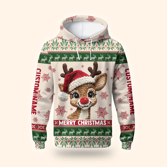 Reindeer Merry Christmas Hoodie – Cute Knitted Pattern Zip Up Holiday Sweater