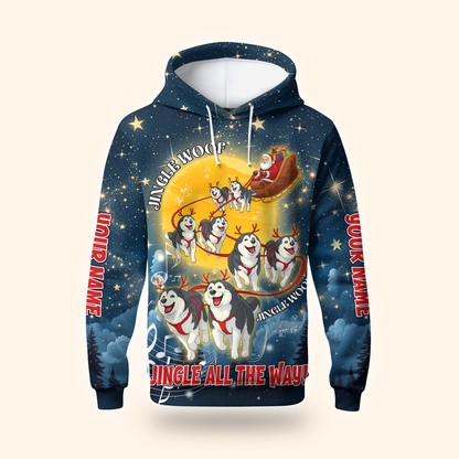 Custom Name Jingle Woof Hoodie – Husky Christmas Zip Up, Funny Santa Dog Hoodie, Holiday Sweatshirt