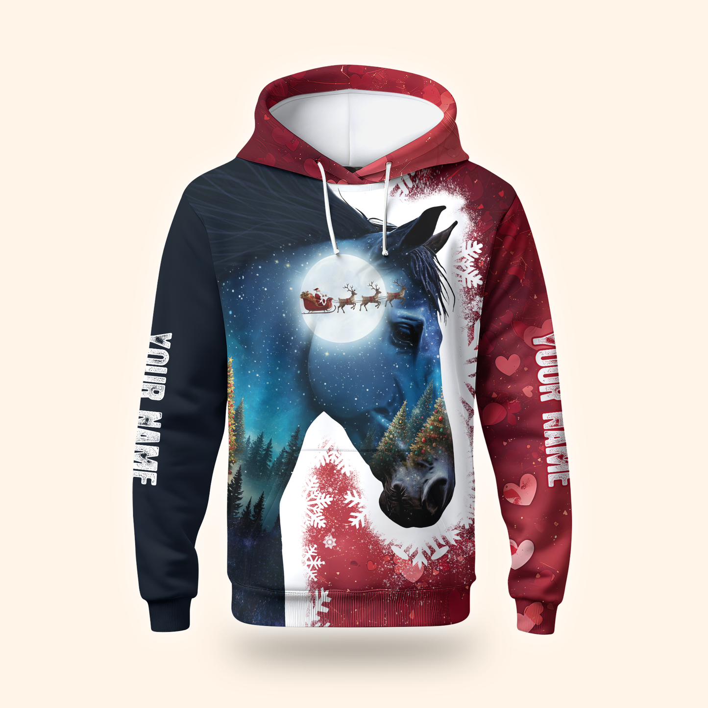 Personalized Horse Christmas Hoodie – Custom Name Zip Up, Winter Moonlight Horse & Santa Sleigh Sweatshirt Gift