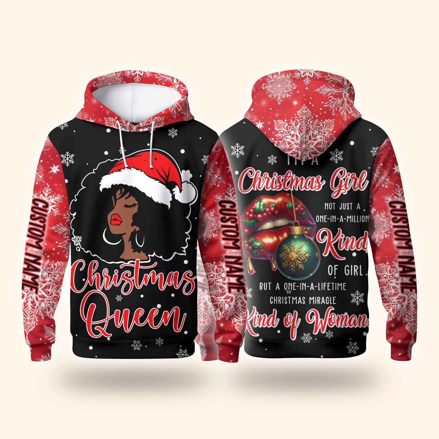 Christmas Queen Hoodie – Holiday Afro Woman Zip Up Sweatshirt
