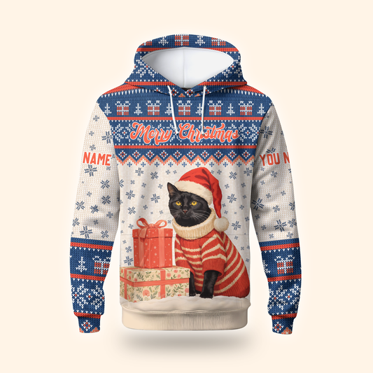 Black Cat Christmas Hoodie – Custom Name Santa Cat Zip Up