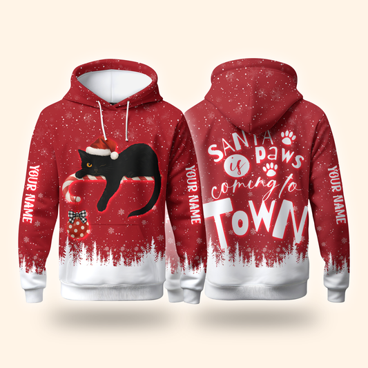 Personalized Cat Christmas Hoodie – Santa Paws Is Coming to Town, Custom Name Gift, Custom Choo