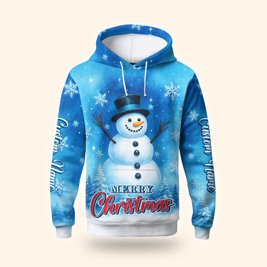 Merry Christmas Snowman Hoodie – Cute Blue Winter Zip Up