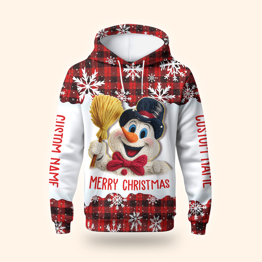 Merry Christmas Snowman Hoodie – Cute Plaid Red Winter Zip Up