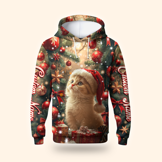 Cute Cat Christmas Hoodie – Personalized Santa Kitty Zip Up