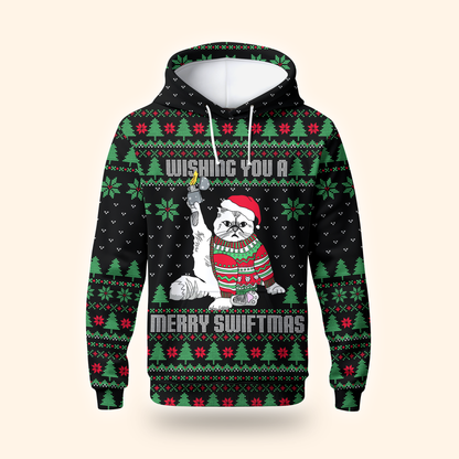 Funny Cat Christmas Hoodie – Wishing You a Merry Swiftmas, Ugly Sweater Style Zip Up, Holiday Hoodie for Cat Lovers