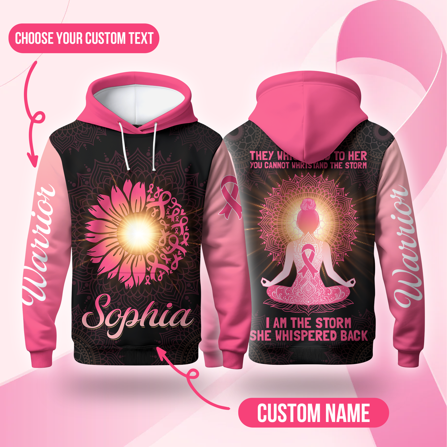 Custom Name Breast Cancer Awareness Hoodie – Warrior Sunflower Yoga Girl Sweatshirt, I Am The Storm Hoodie