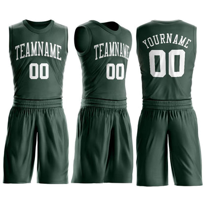 Custom Hunter Green White Round Neck Basketball Uniform Jersey