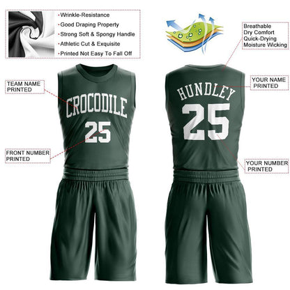 Custom Hunter Green White Round Neck Basketball Uniform Jersey