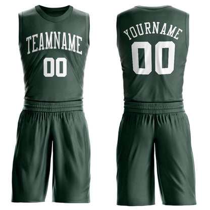 Custom Hunter Green White Round Neck Basketball Uniform Jersey