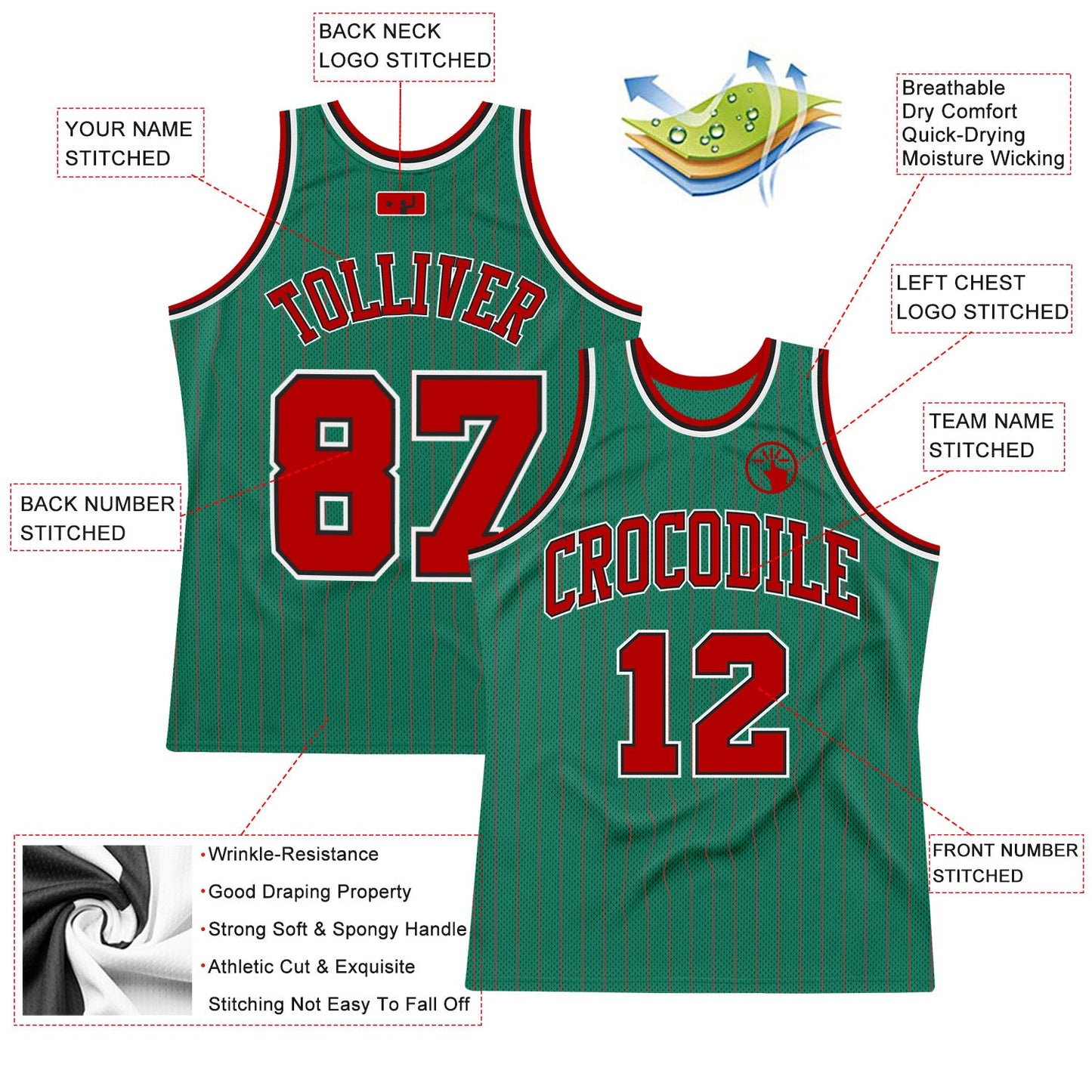 Custom Kelly Green Red Pinstripe Red-Black Authentic Basketball Jersey