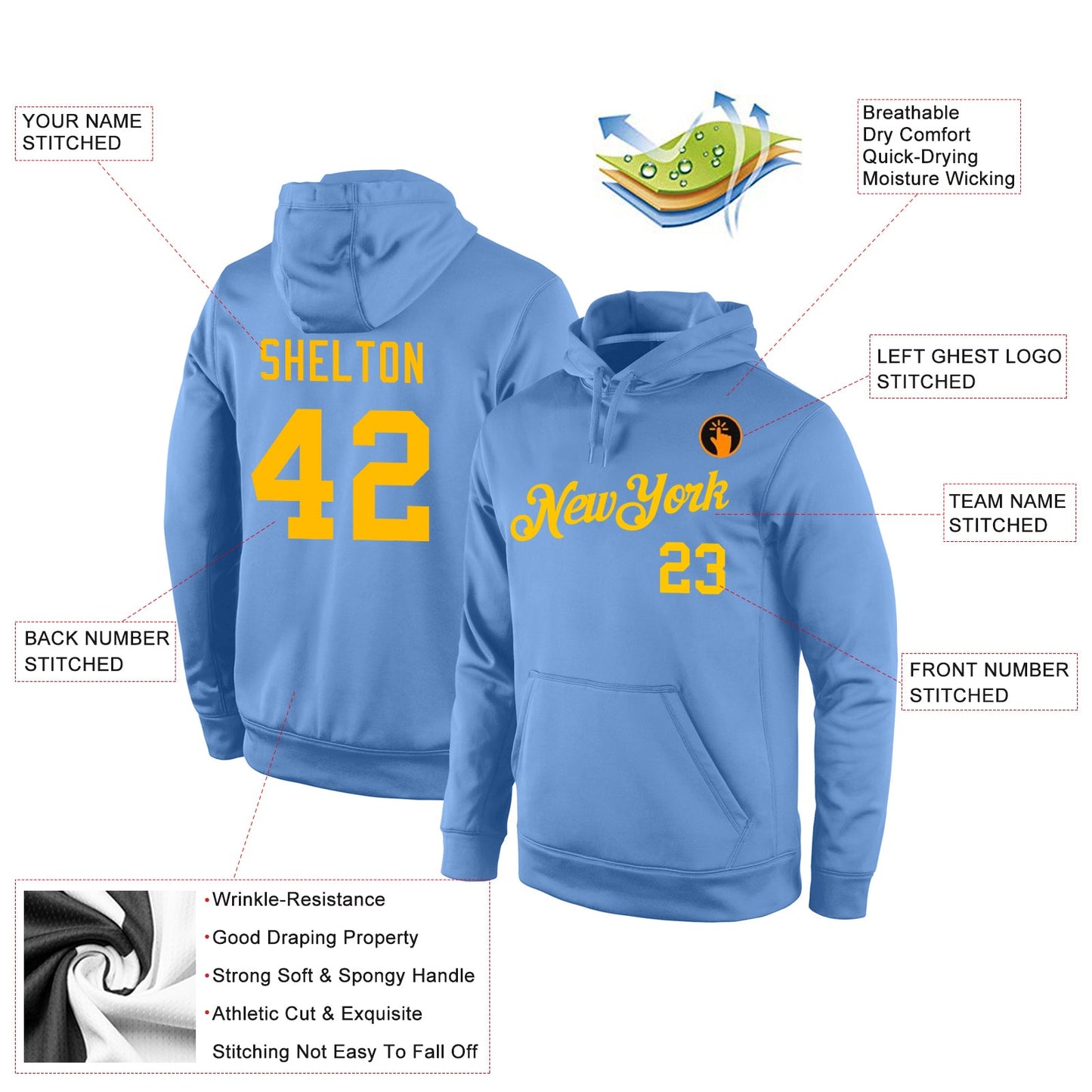 Custom Stitched Light Blue Gold Sports Pullover Sweatshirt Hoodie