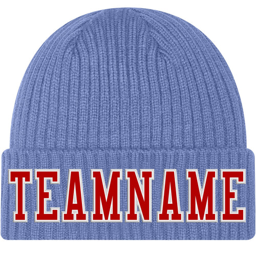 Custom Light Blue Red-White Stitched Cuffed Knit Hat