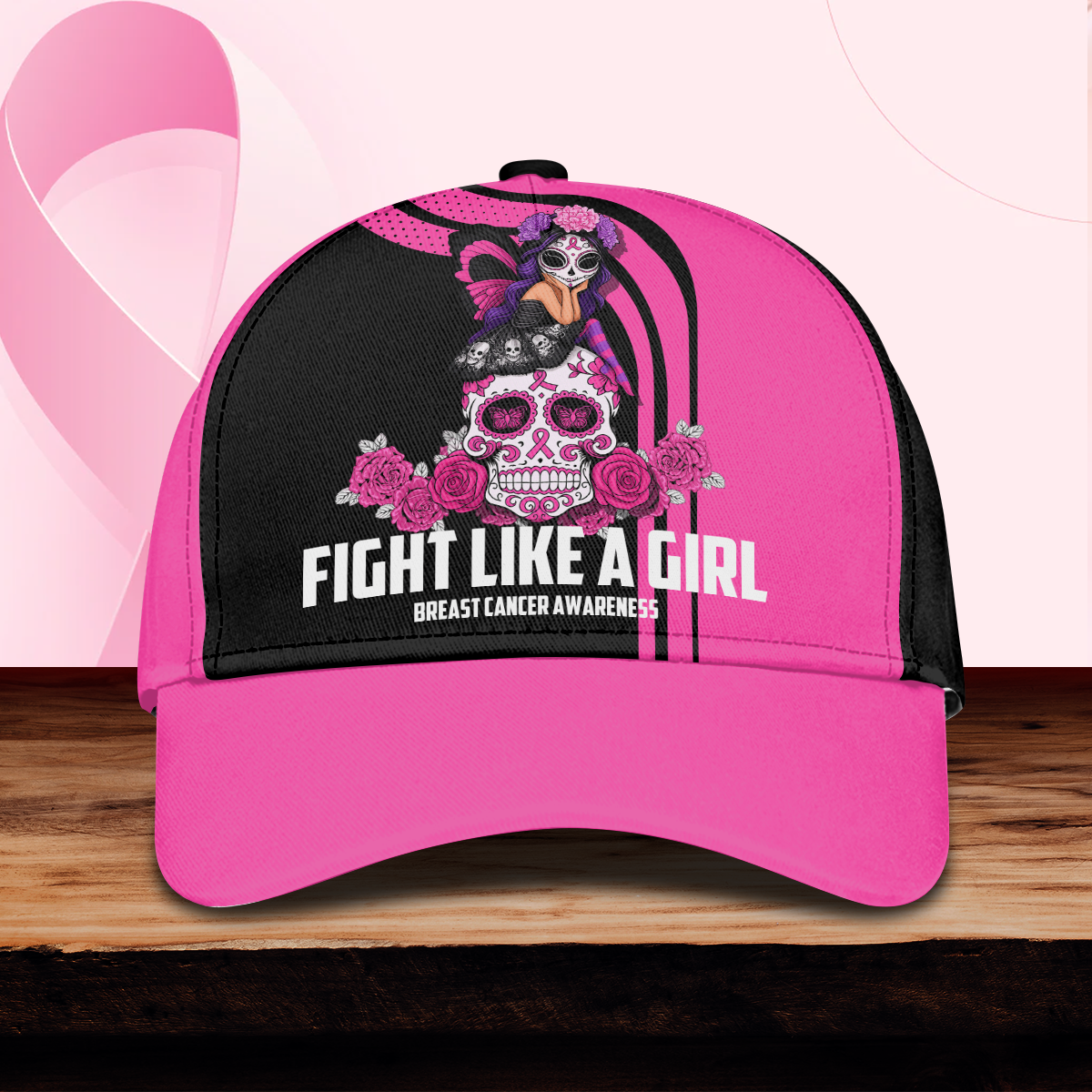 Breast Cancer Awareness Gothic Fairy on Sugar Skull "Fight Like A Girl" cap, Custom Choo