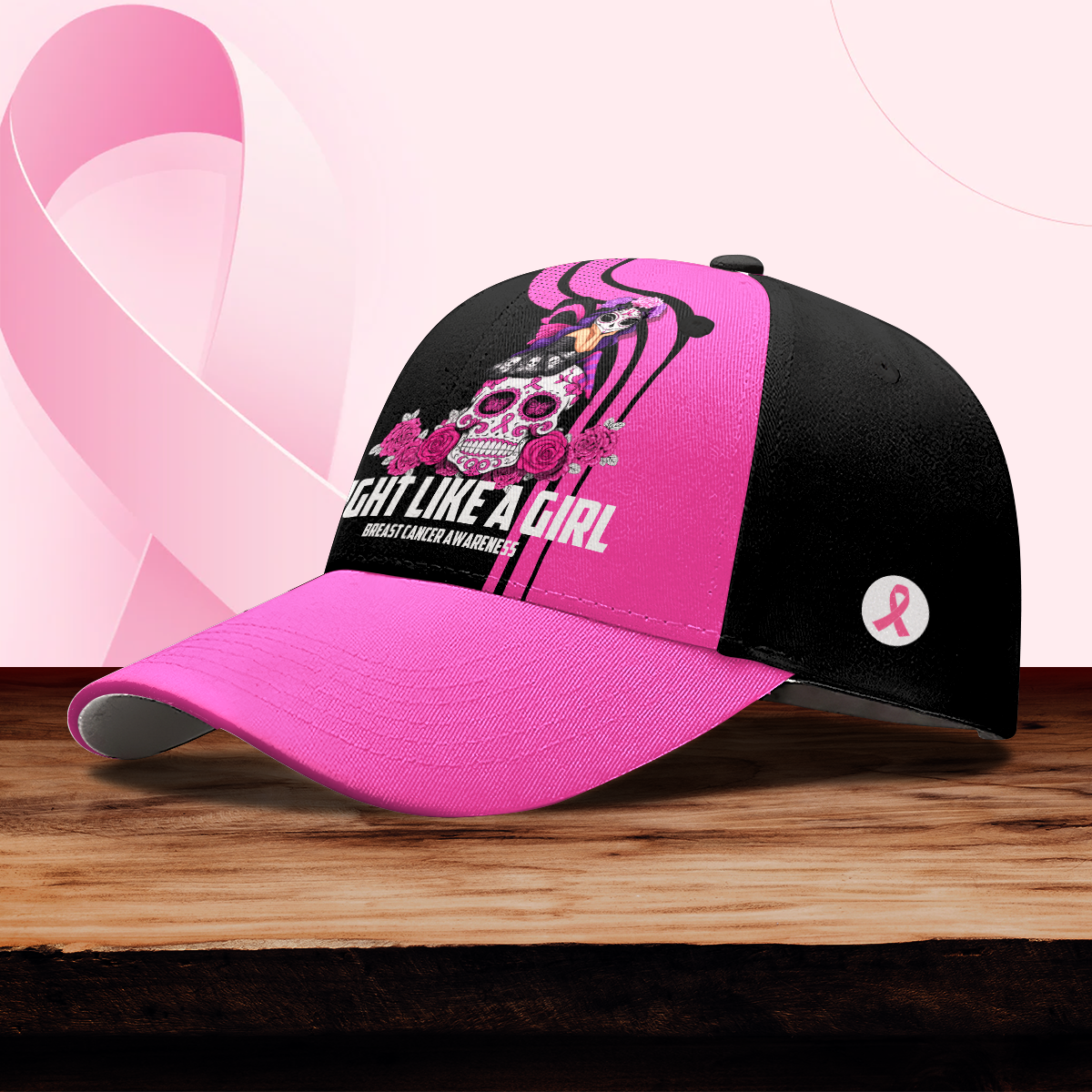 Breast Cancer Awareness Gothic Fairy on Sugar Skull "Fight Like A Girl" cap