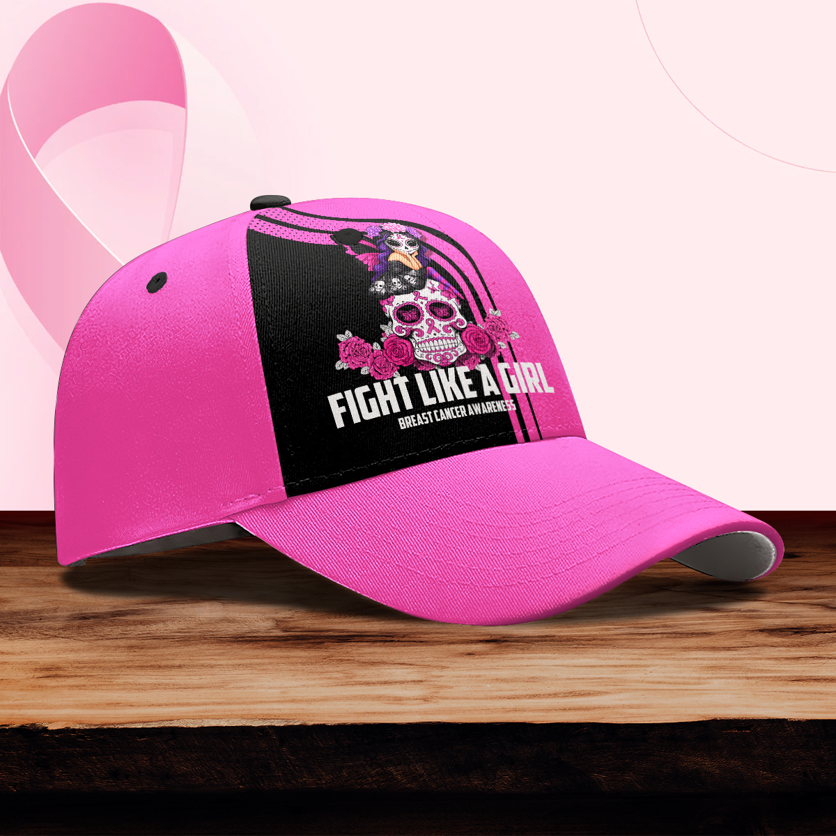 Breast Cancer Awareness Gothic Fairy on Sugar Skull "Fight Like A Girl" cap