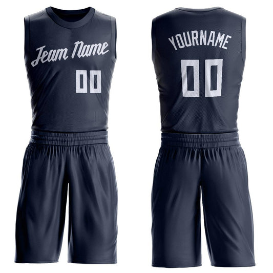Custom Navy White Round Neck Basketball Uniform Jersey