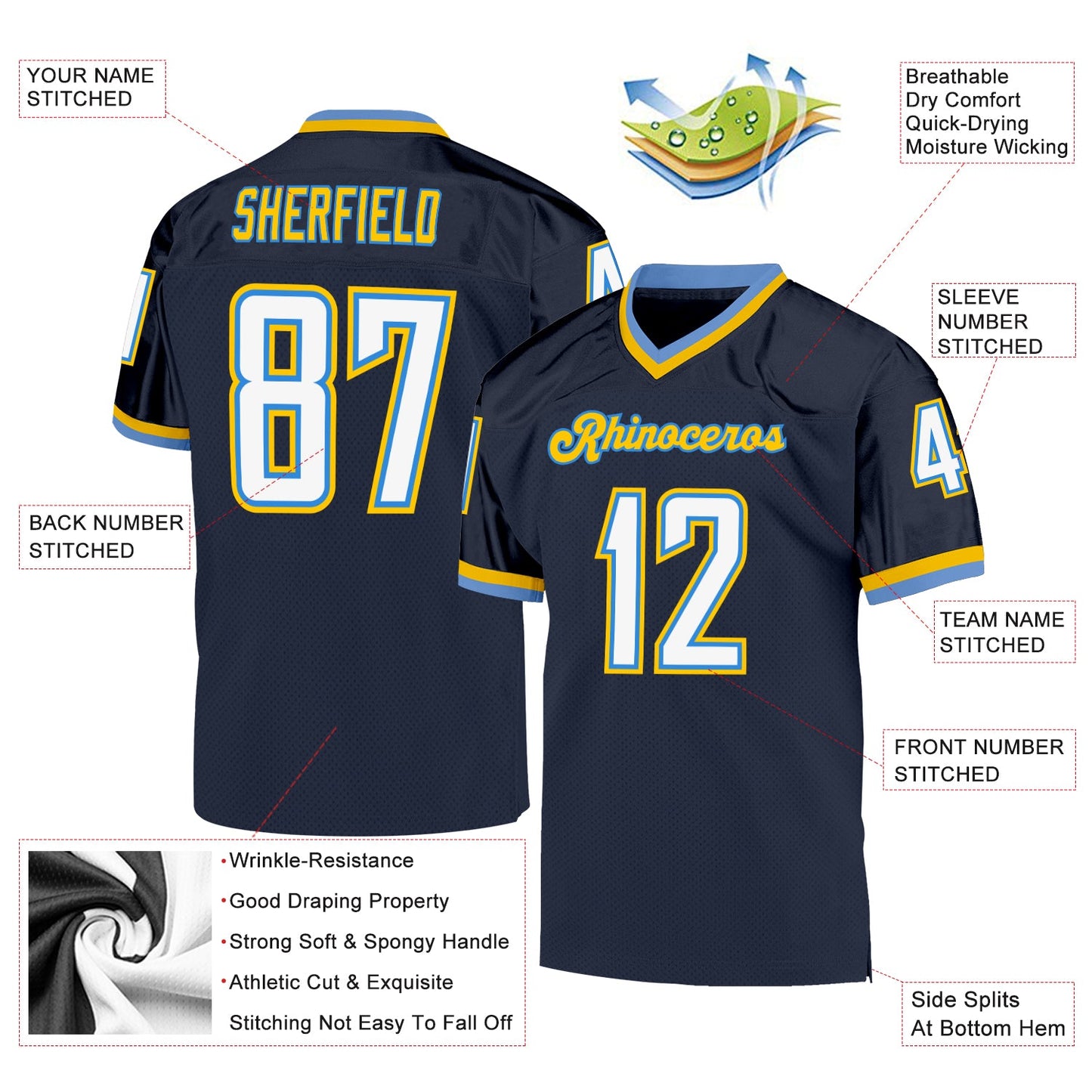 Custom Navy White-Powder Blue Mesh Authentic Throwback Football Jersey