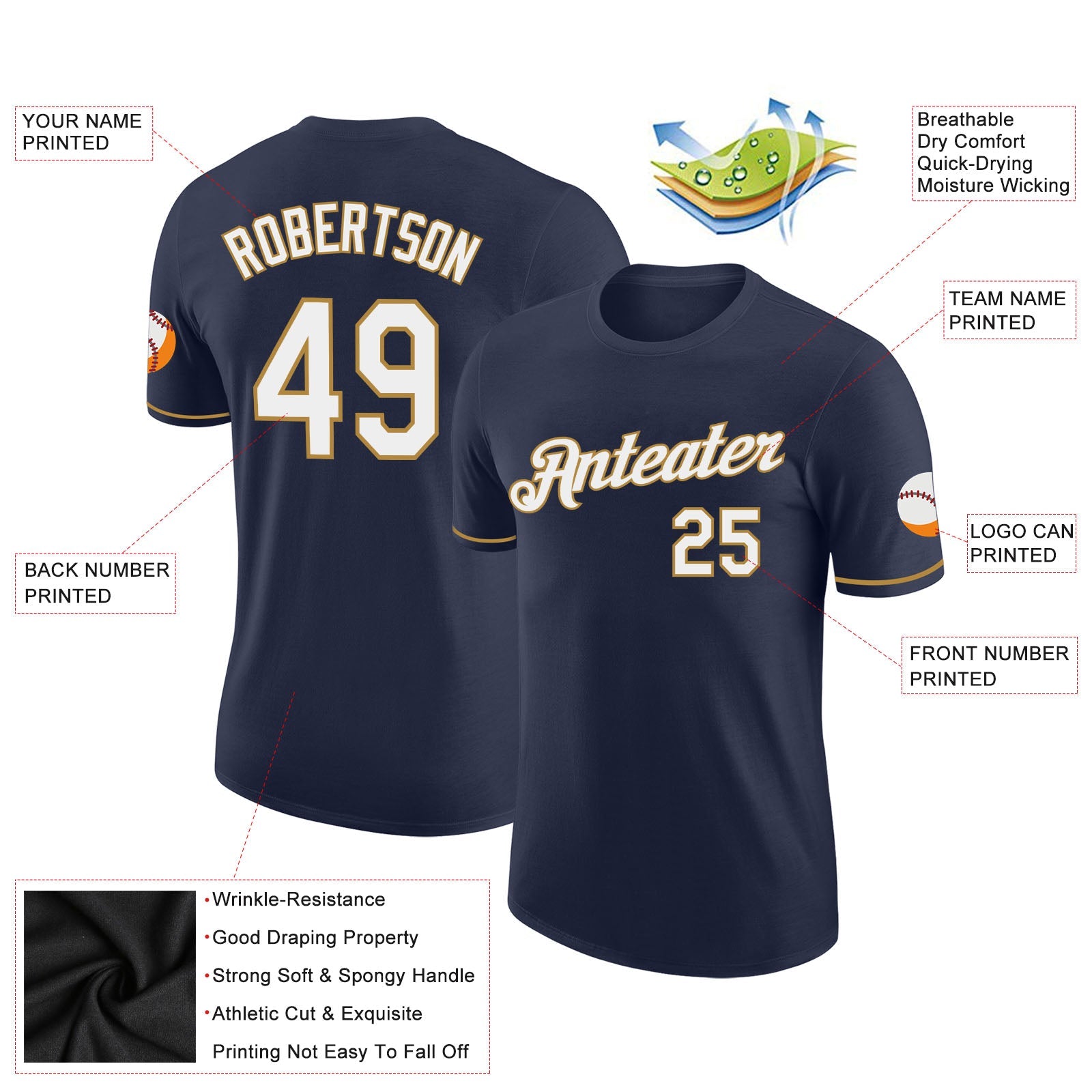 Custom Navy White-Old Gold Performance T-Shirt