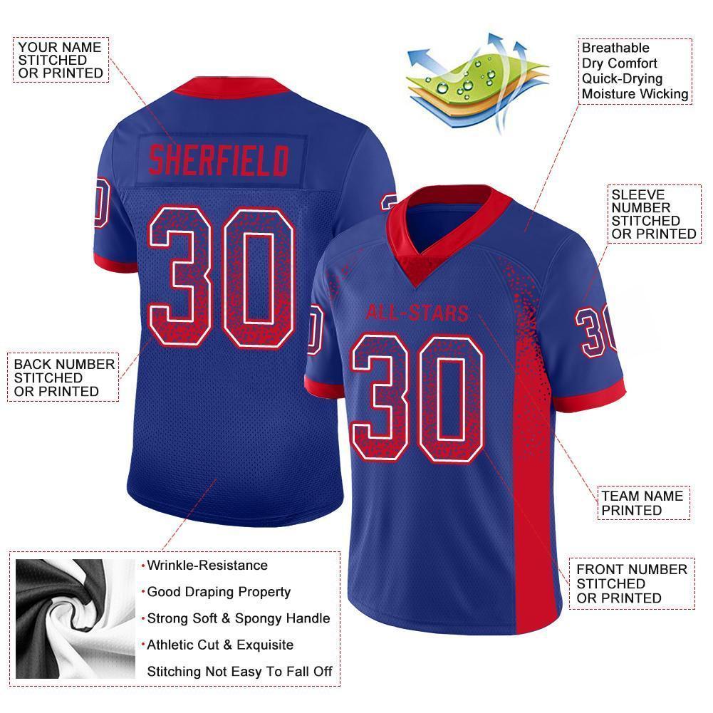 Custom Royal Scarlet-White Drift Fashion Football Jersey