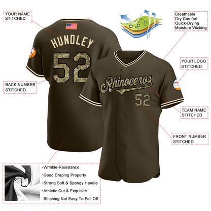 Custom Olive Camo-Black Authentic American Flag Fashion Salute To Service Baseball Jersey