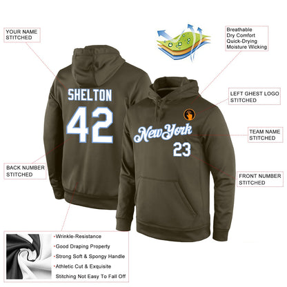Custom Stitched Olive White-Light Blue Sports Pullover Sweatshirt Salute To Service Hoodie