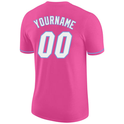 Custom Pink White-Light Blue Performance T-Shirt