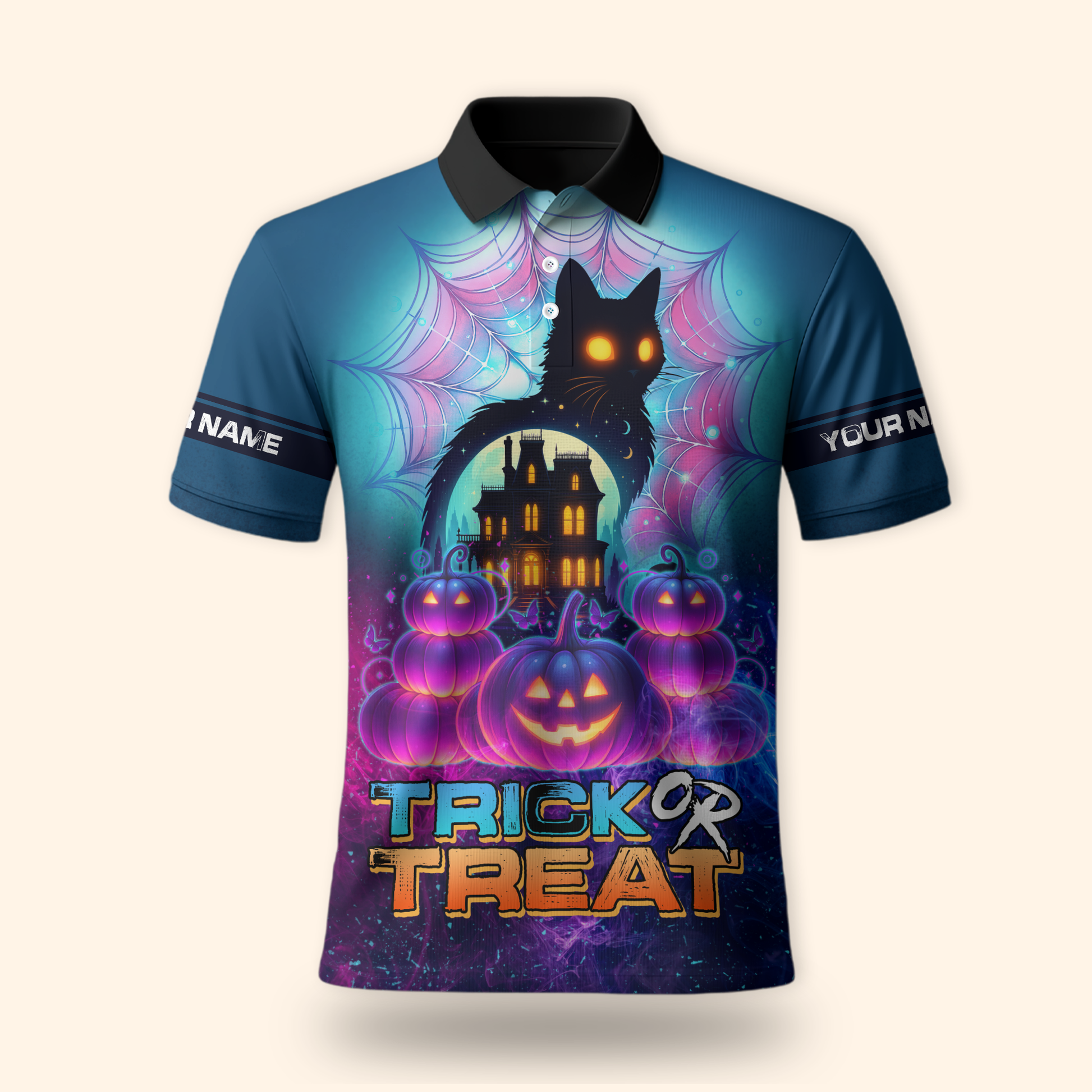 Personalized Trick or Treat Hoodie – Haunted House Black Cat Halloween Zip Up, Custom Choo