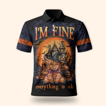 Personalized Halloween Cow Hoodie – "I’m Fine Everything Is Ok" Zip Up, Custom Name Gift, Custom Choo