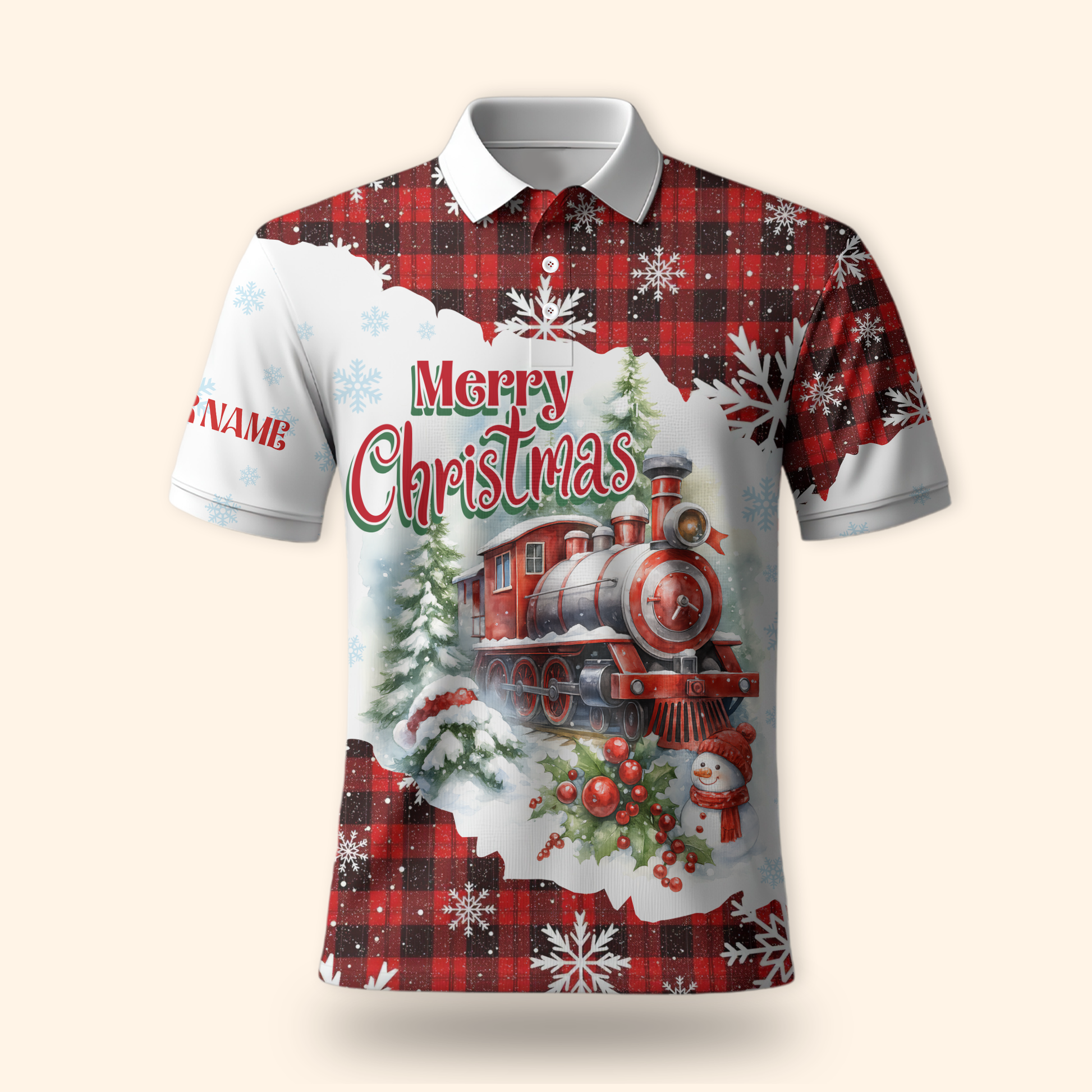 Christmas Train Hoodie – Vintage Steam Engine Design, Custom Name Plaid Holiday Zip Up, Custom Choo