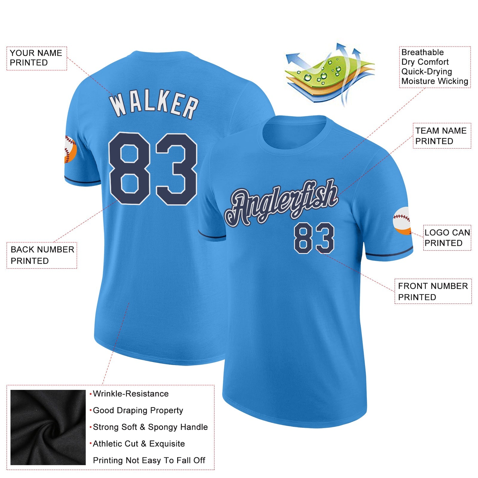 Custom Powder Blue Navy-White Performance T-Shirt