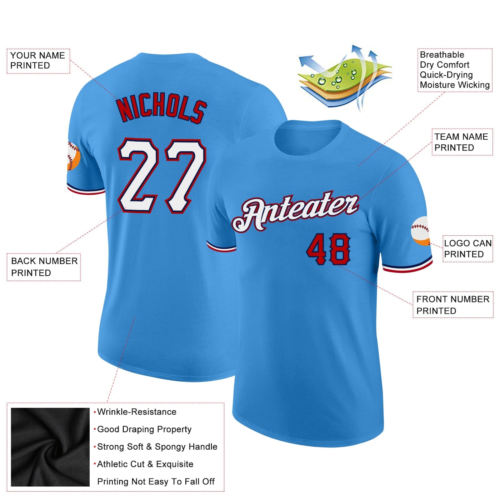 Custom Powder Blue White-Red Performance T-Shirt