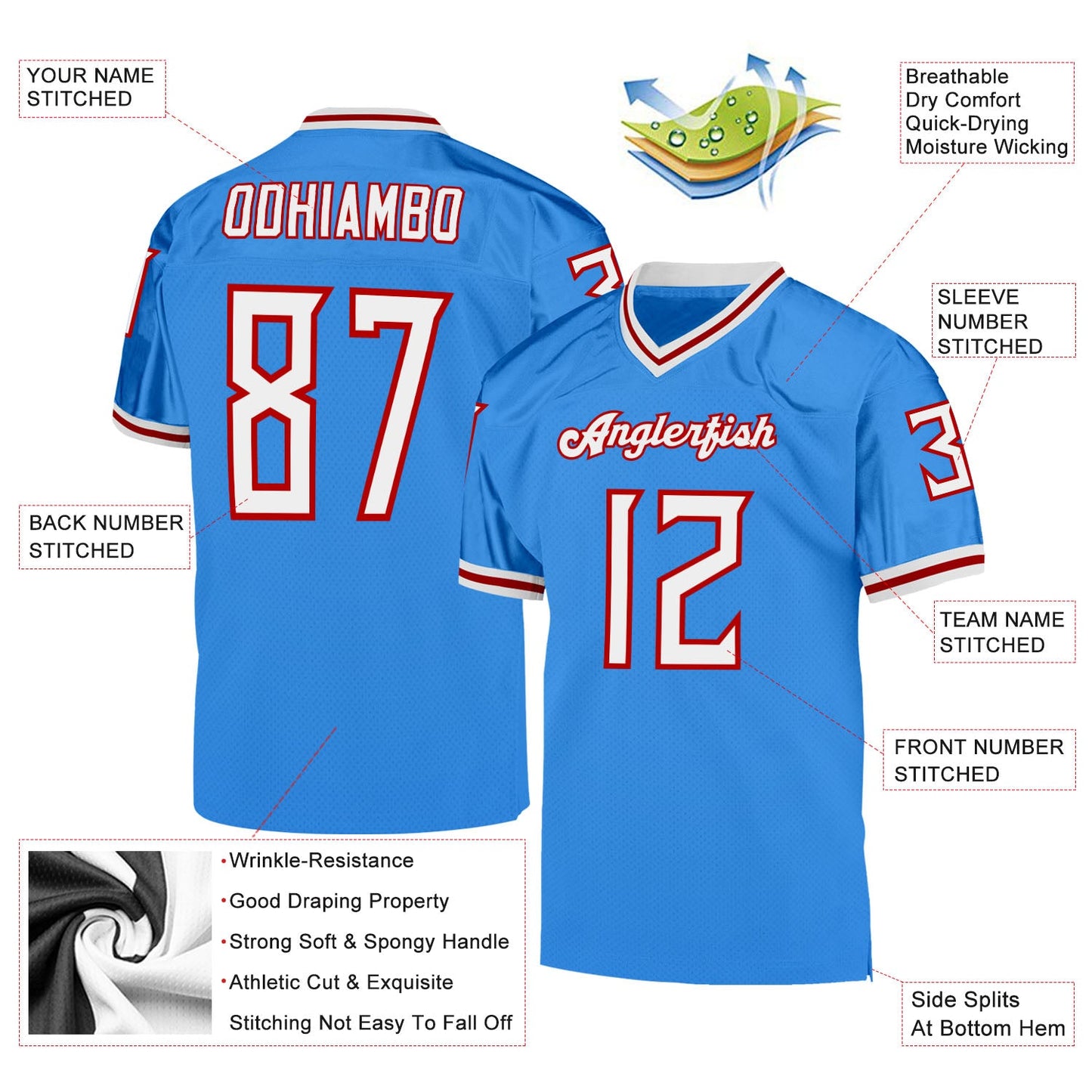 Custom Powder Blue White-Red Mesh Authentic Throwback Football Jersey