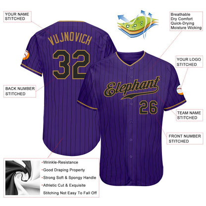 Custom Purple Black Pinstripe Black-Old Gold Authentic Baseball Jersey
