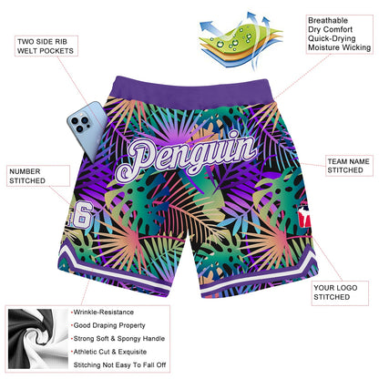 Custom Purple White-Purple 3D Pattern Design Tropical Palm Leaves Authentic Basketball Shorts