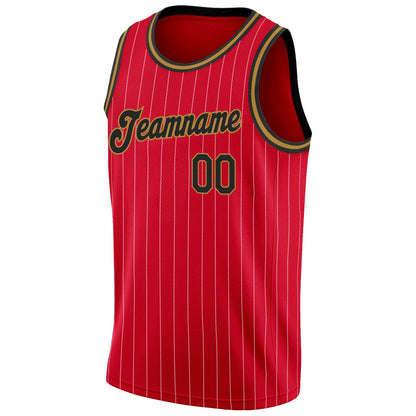 Custom Red White Pinstripe Black-Old Gold Authentic Basketball Jersey