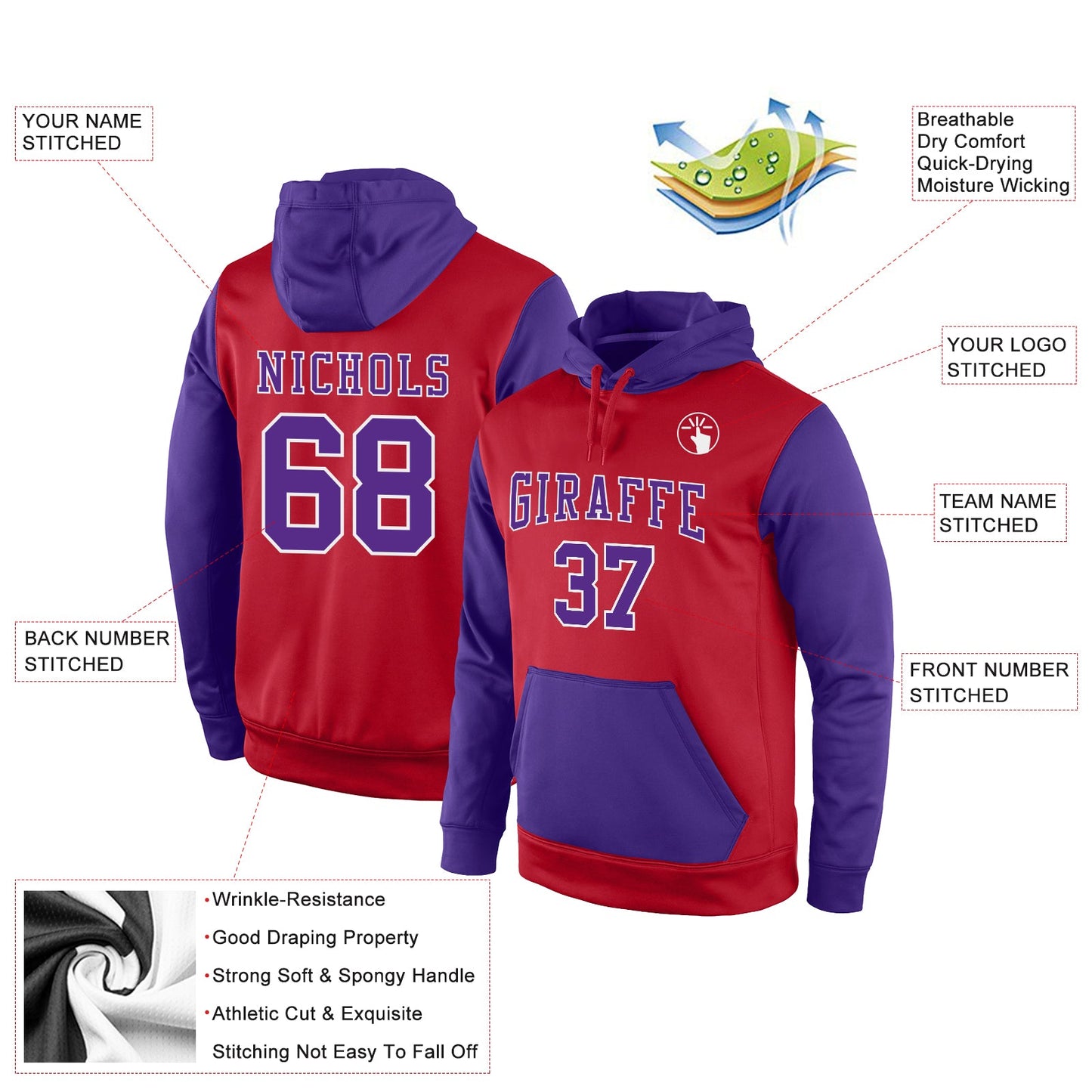 Custom Stitched Red Purple-White Sports Pullover Sweatshirt Hoodie