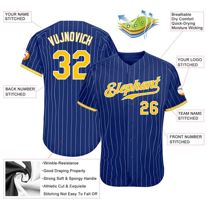 Custom Royal White Pinstripe Gold-White Authentic Baseball Jersey