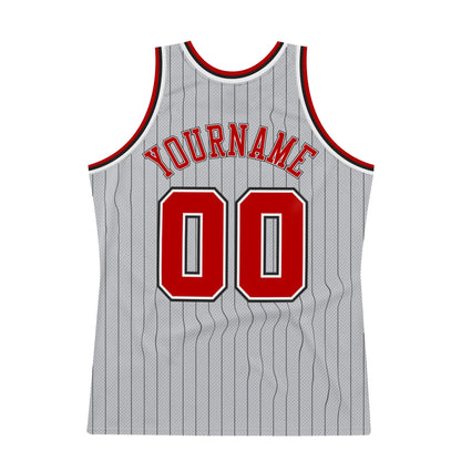 Custom Gray Black Pinstripe Red-White Authentic Basketball Jersey