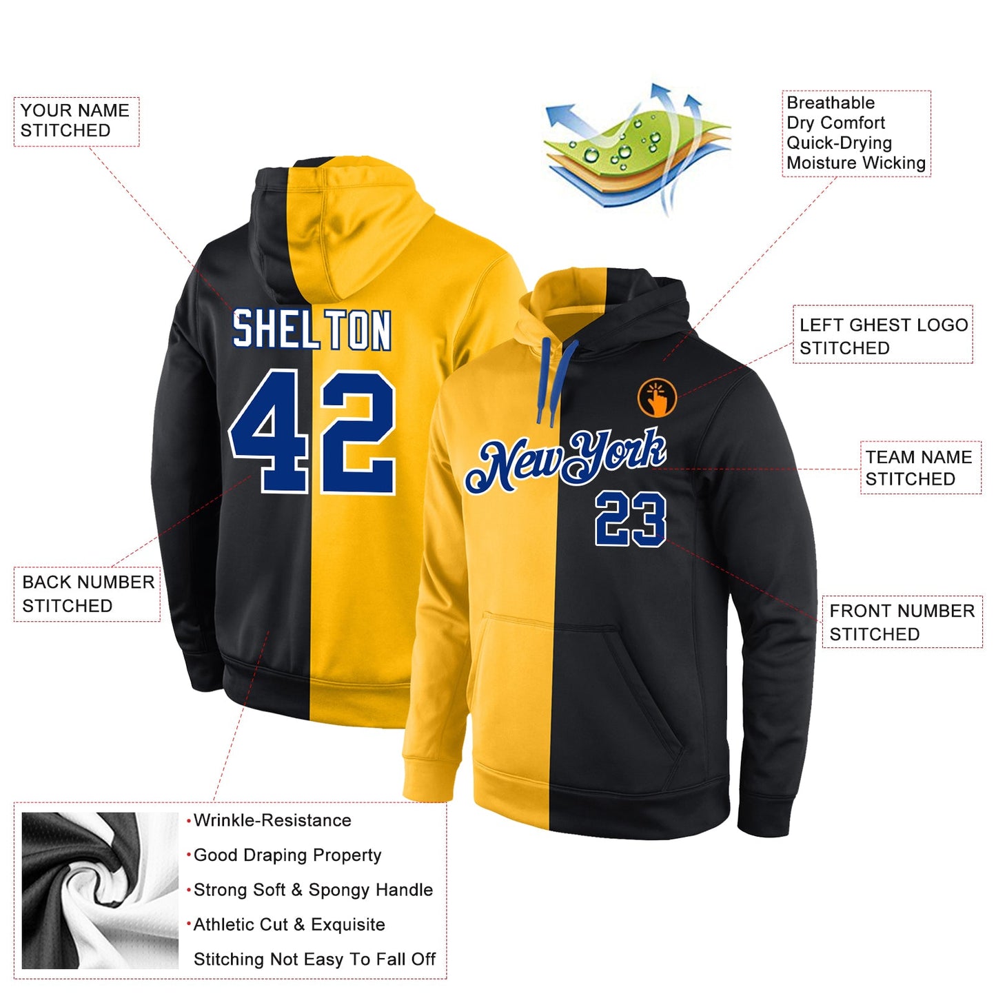 Custom Stitched Gold Royal-Black Split Fashion Sports Pullover Sweatshirt Hoodie