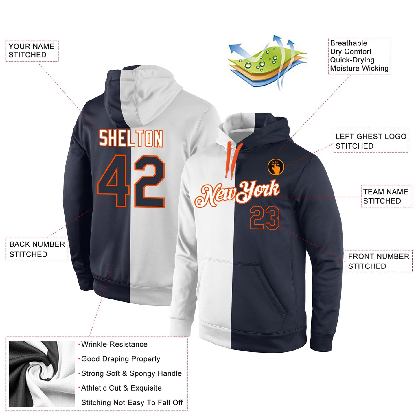 Custom Stitched White Navy-Orange Split Fashion Sports Pullover Sweatshirt Hoodie
