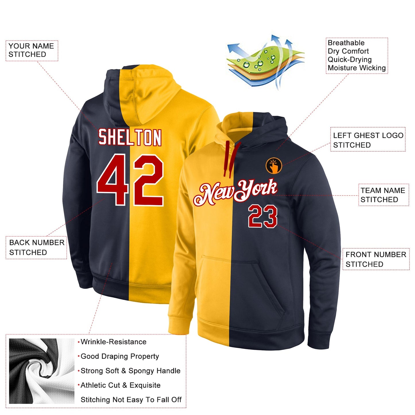 Custom Stitched Gold Red-Navy Split Fashion Sports Pullover Sweatshirt Hoodie