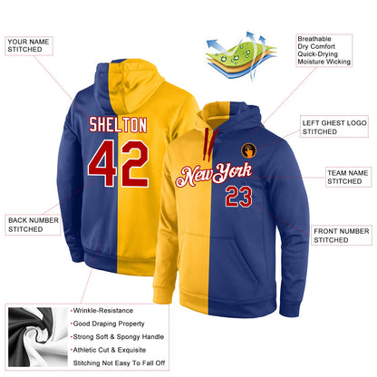 Custom Stitched Gold Red-Royal Split Fashion Sports Pullover Sweatshirt Hoodie