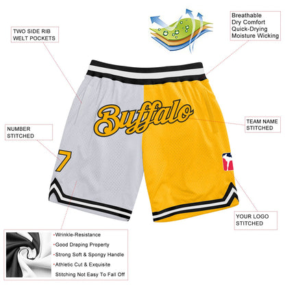 Custom White Gold-Black Authentic Throwback Split Fashion Basketball Shorts