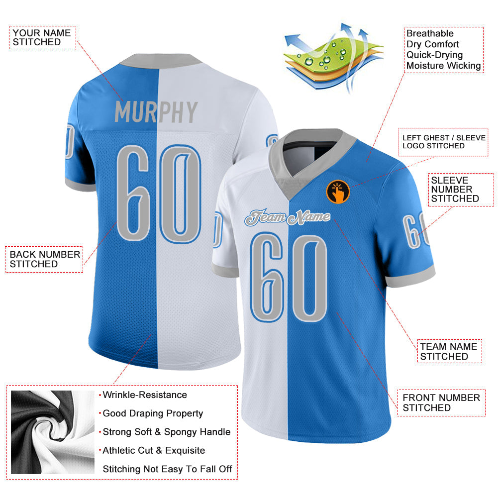 Custom Powder Blue Gray-White Split Fashion Football Jersey