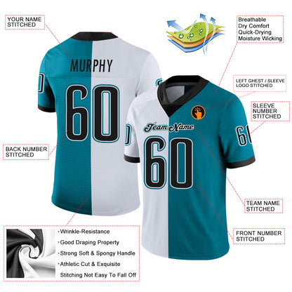 Custom Teal Black-White Split Fashion Football Jersey