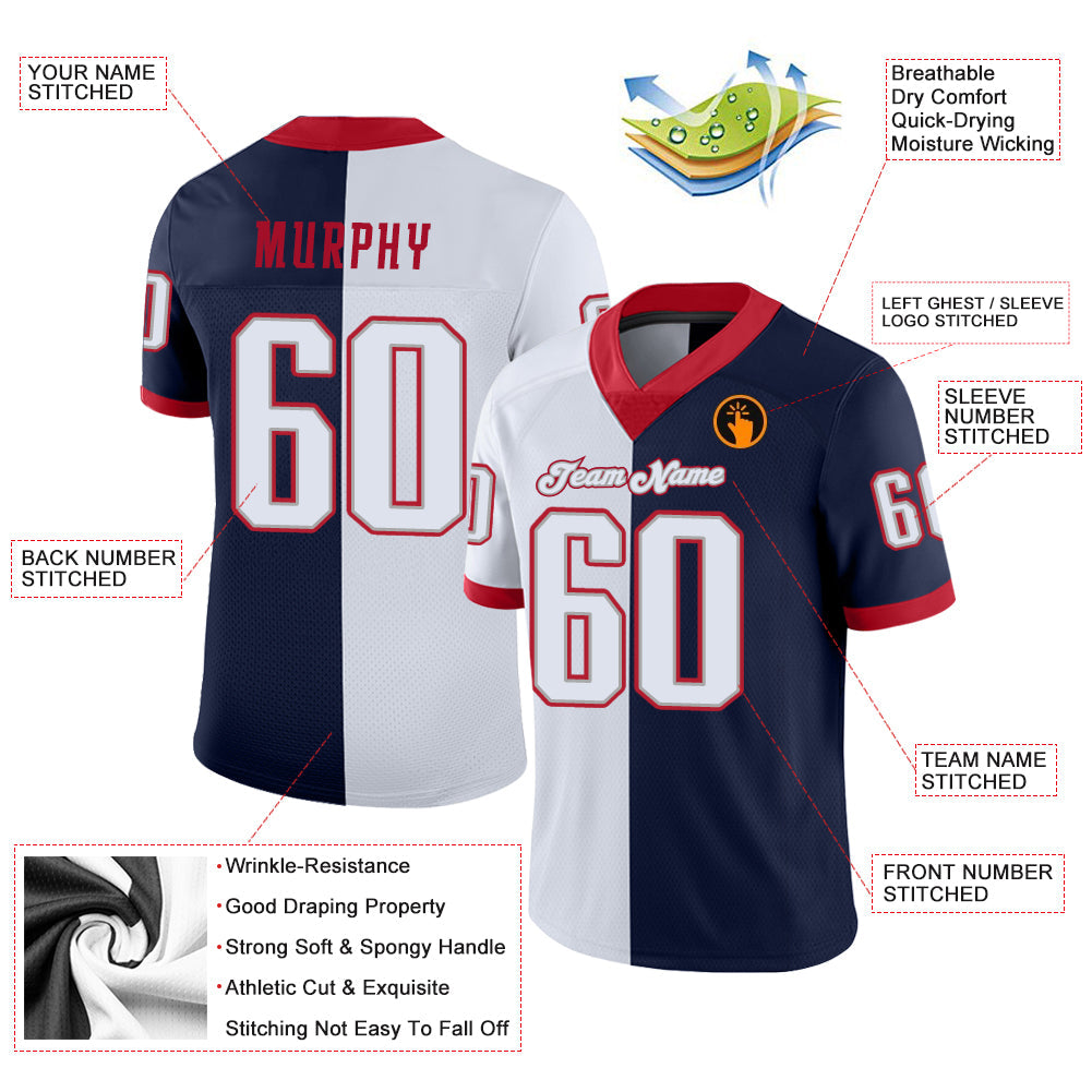 Custom Navy White-Scarlet Split Fashion Football Jersey